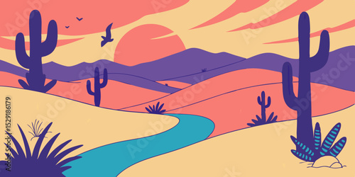 Surreal Colorful Desert Landscape A Vivid Sunset over Cacti and Sand Dunes