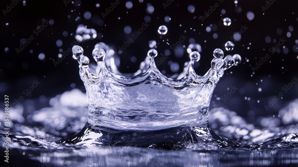 Frozen crown-shaped water splash at the moment of impact, translucent icy arcs, scattered water droplets, vivid lighting, dark dramatic backdrop, ultra-detailed close-up Frozen crown-shaped water splash at the moment of impact, translucent icy arcs, scattered water droplets, vivid lighting, dark dramatic backdrop, ultra-detailed close-up