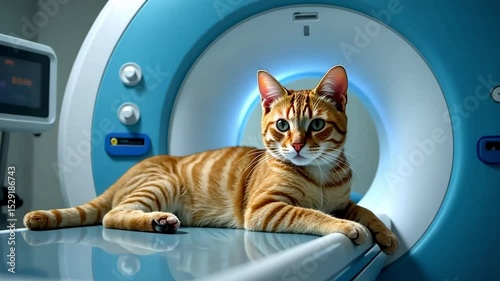 Ginger cat is on a table before scanning in MRI in veterinary clinic. Banner veterinary	
