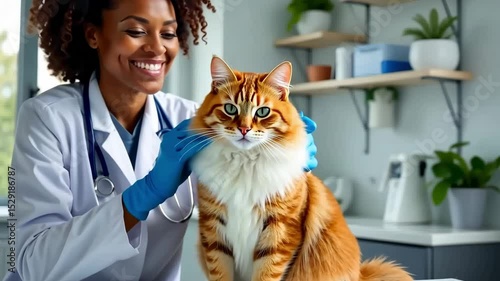 happy afroamerican female vet doctor with a ginger cat  at vet clinic

