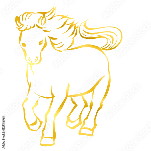 午年、年賀素材、筆タッチの走る馬のイラスト_ゴールド