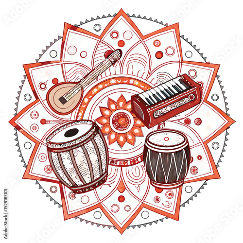 Create a mandala design featuring a tabla, sitar, and harmonium, intricately arranged.  High detail, vibrant colors.