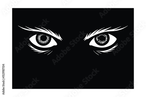 Creepy glowing eyes peering through darkness vector art illustration