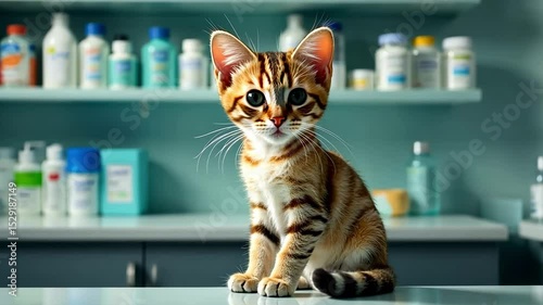 Kitten sitting on an examination table with shelves filled with pet care products and veterinary instruments in the background