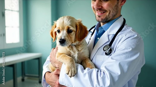 happy  vet doctor with dog at vet clinic
