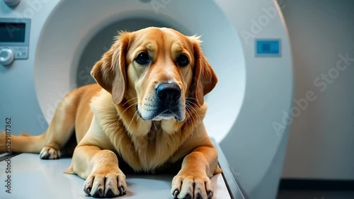 Golden retriver dog is on a table before scanning in MRI in veterinary clinic. Banner veterinary	