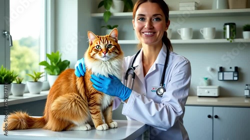 happy  female vet doctor with a ginger cat at vet clinic

