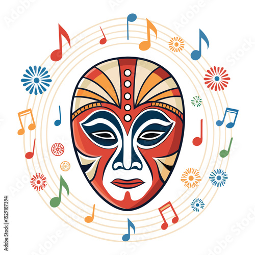 Vibrant, traditional musical mask adorned with colorful musical notes, isolated on white background; intricate details; cultural artifact.