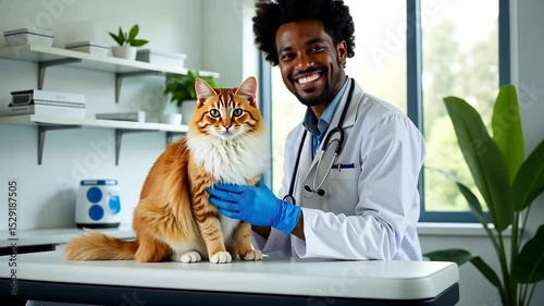 happy  afroamerican male vet doctor with a ginger cat  at vet clinic
