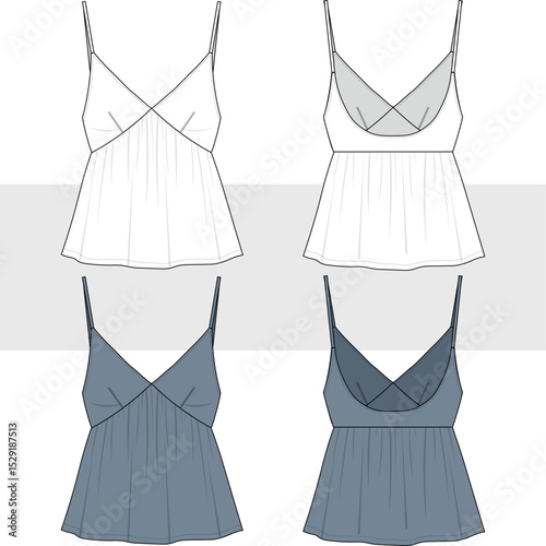 Women satin blouse technical fashion sketch, illustration. Relaxed fit Bustier drawing. Front and back view, women CAD, mockup set.