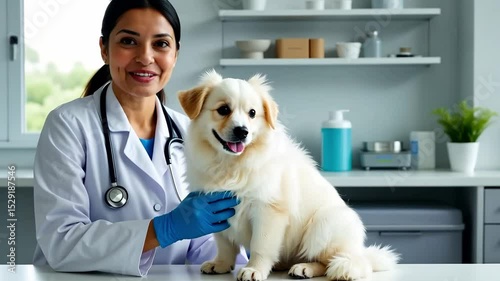 happy female vet doctor with a dog at vet clinic

