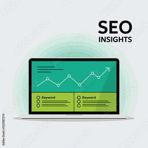Laptop displaying seo insights graph and keywords