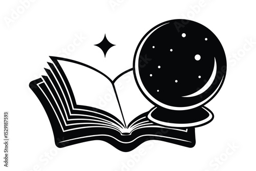 Magic spell book and crystal ball combo vector art illustration