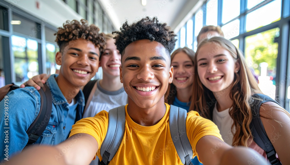 Naklejka premium Un grupo de jovenes amigos compañeros de colegio haciendo un selfie sonrientes y felices en concepto de amistad compañerismo felicidad y relaciones humanas