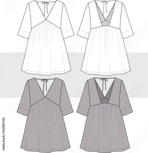 Women V-neck long bell sleeve mini dress with bow detail. Technical flat sketch fashion drawing, illustration, vector. Front and back view, Cad, Mockup set.