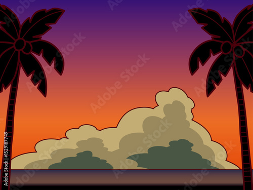 やしの木、海、雲、日没B3L