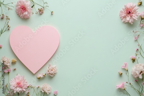 Pink heart shape with delicate flowers on pastel green background, minimal romantic layout for love greeting card, wedding invitation, Valentine's Day message, floral banner or elegant seasonal design