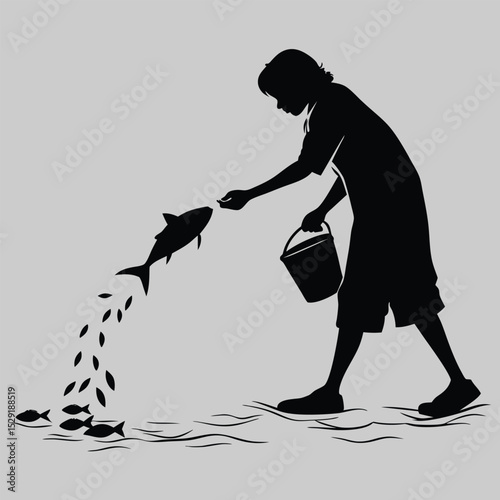 a person feeding fish with hand extended silhouette vector design art and illustration