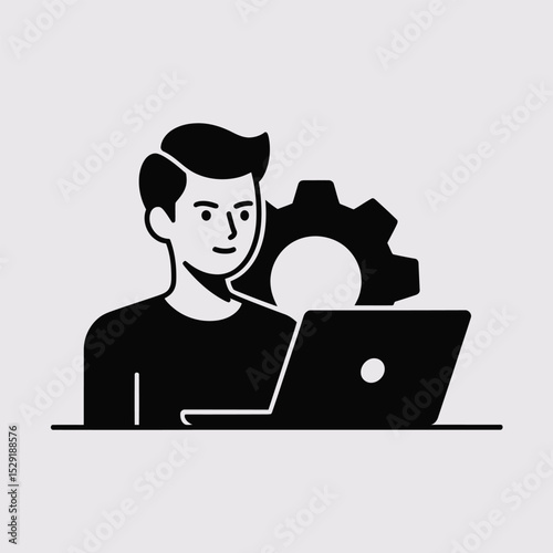 Young man working on laptop with gear icon