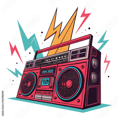 Retro 1980s boombox, vibrant neon colors, lightning bolt decals, cassette player, shoulder strap, glowing effect, detailed illustration.