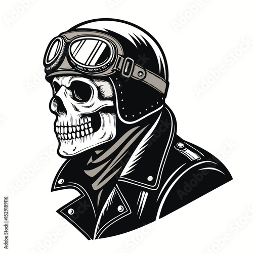 A detailed illustration of a biker skull wearing aviator goggles and a worn leather jacket, isolated on a white background.