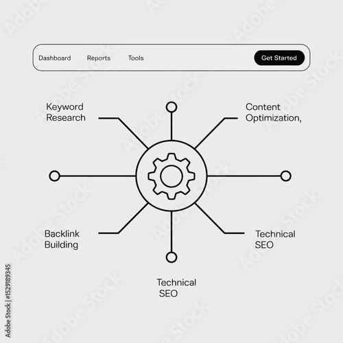 Seo strategy diagram gear icon content optimization keyword research technical seo backlink building