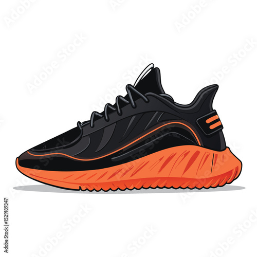 Stylish black sneaker with vibrant lava orange sole, featuring a sharp, angular cut design.  High-resolution image.