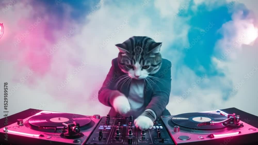 Cat dj mixing music on turntables