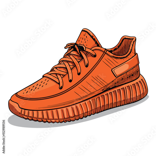 Generate a photorealistic image of a vibrant orange sneaker with a deeply ridged, textured rubber sole.  Show intricate details of the sole and stitching.