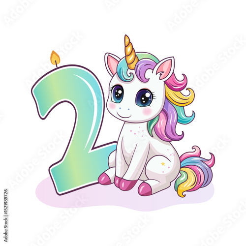 An invitation to a birthday party. Cute unicorn with the number 2. Vector illustration.