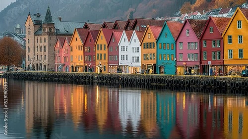 Bryggen harbor city with colorful houses reflecting in the water, Bergen, Norway