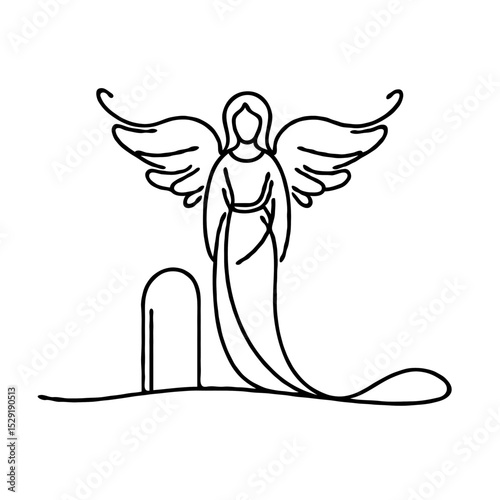 Angel with wings standing beside gravestone in simple line art  