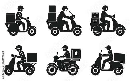 Shipping fast delivery man riding motorcycle icon, Scooter Silhouette Icon, symbol, Pictogram flat design for apps and websites, Track and trace processing status, Isolated on white background, Vector