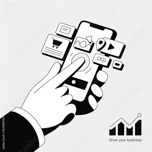 Hand using smartphone app for business growth and mobile marketing