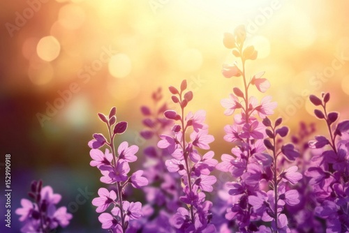 Beautiful golden hour scene with delicate violet flowers softly glowing in twilight light.