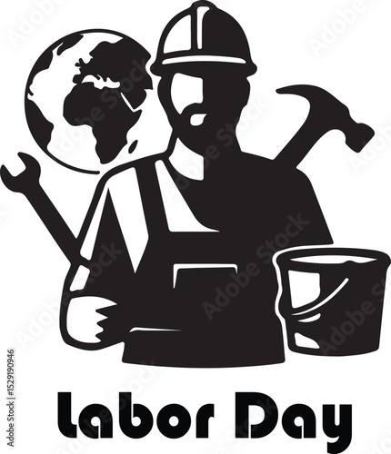 Labor Day Black and White Worker Globe Tools construction worker