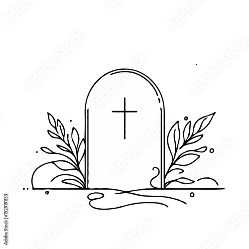 Simple outline of a gravestone with cross and decorative leaves  