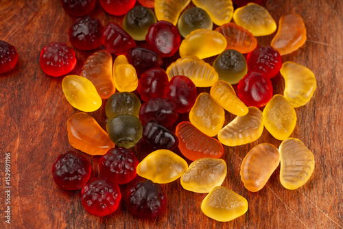 Fruit gummy candy pile, vegan chewing marmalade pills, jelly gumdrops heap