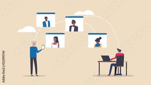 Illustration of people video conferencing with a man holding a tablet and a woman at a laptop desk