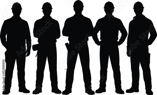 Silhouette of construction workers standing in a group, wearing safety helmets and uniforms, black vector illustration isolated on white background, professional labor