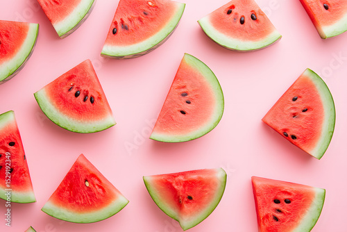 Pattern with ripe watermelon on pink background. Top View. Copy Space. Pop art design, creative summer concept. Half of watermelon in minimal flat lay style photo