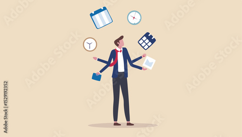 A person with multiple arms juggling calendars, clocks, and documents in a beige background scene