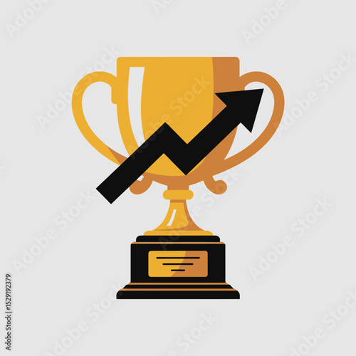 Golden trophy with upward trending arrow success achievement growth