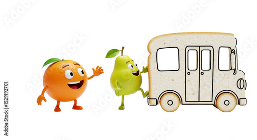 A whimsical scene featuring a happy orange character and a joyful pear character standing beside a charming, cartoon-like bread bus, illustrating a playful journey or concept of food transportation