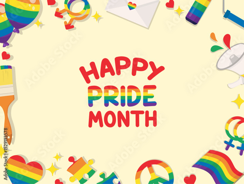Happy Pride Month background LGBTQ symbols Rainbow flag cute illustrations