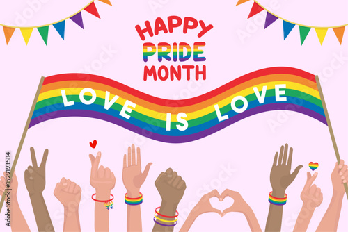 Pride Month illustration for festival Love signs LGBTQ flag Love is love