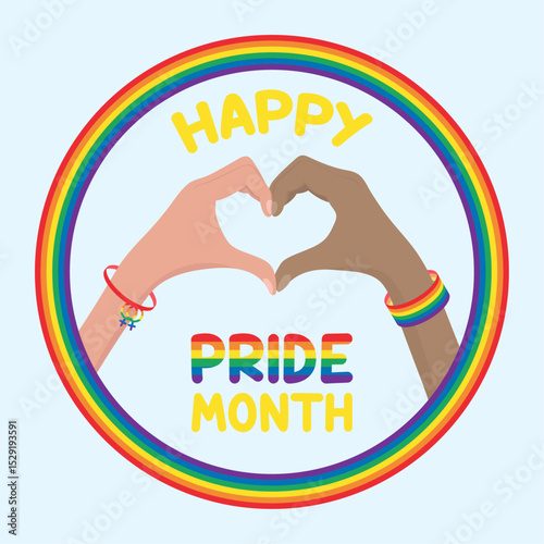 Happy Pride Month greeting card Love hands sign Rainbow LGBTQ flag