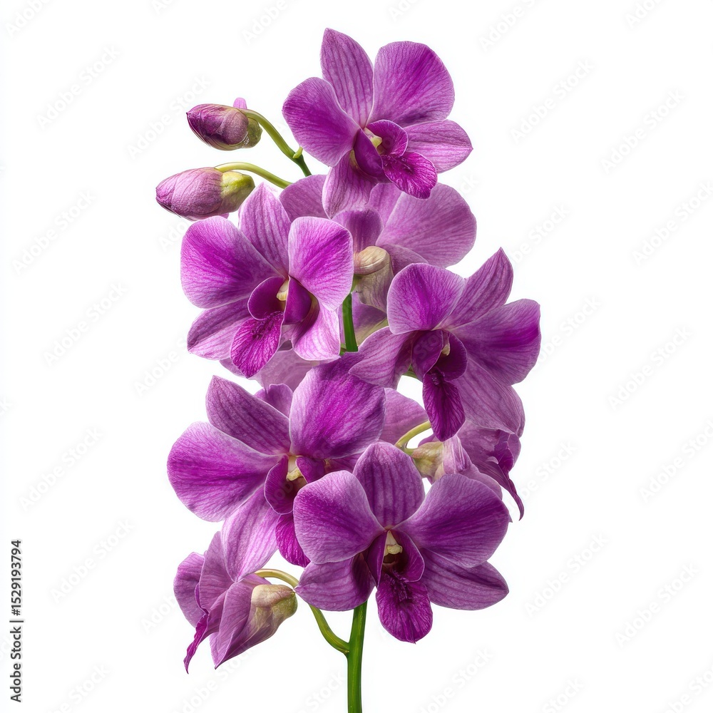 Obraz premium Elegant spray of purple orchid blossoms and buds isolated on white background