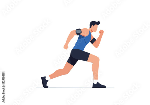 A dynamic illustration of a man running, wearing athletic gear and a smartwatch. Modern, flat design with a blue background. Perfect for fitness and health concepts.