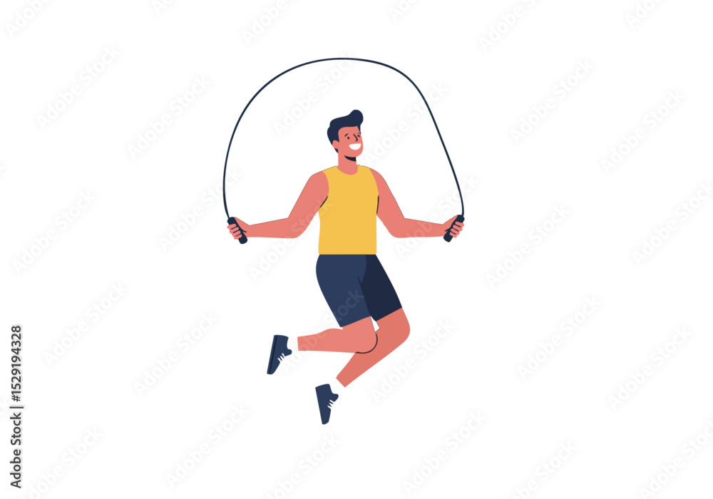 Obraz premium A man jumps rope outdoors, demonstrating a dynamic fitness routine. Bright, cheerful illustration with a clean, modern style. Perfect for health and wellness content.
